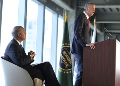 New York Mayor Bill de Blasio speaks at One World Trade Center. Barry Bahler, Dept. of Homeland Security