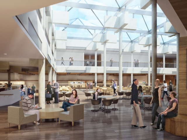 Brower Student Center conceptual atrium rendering.