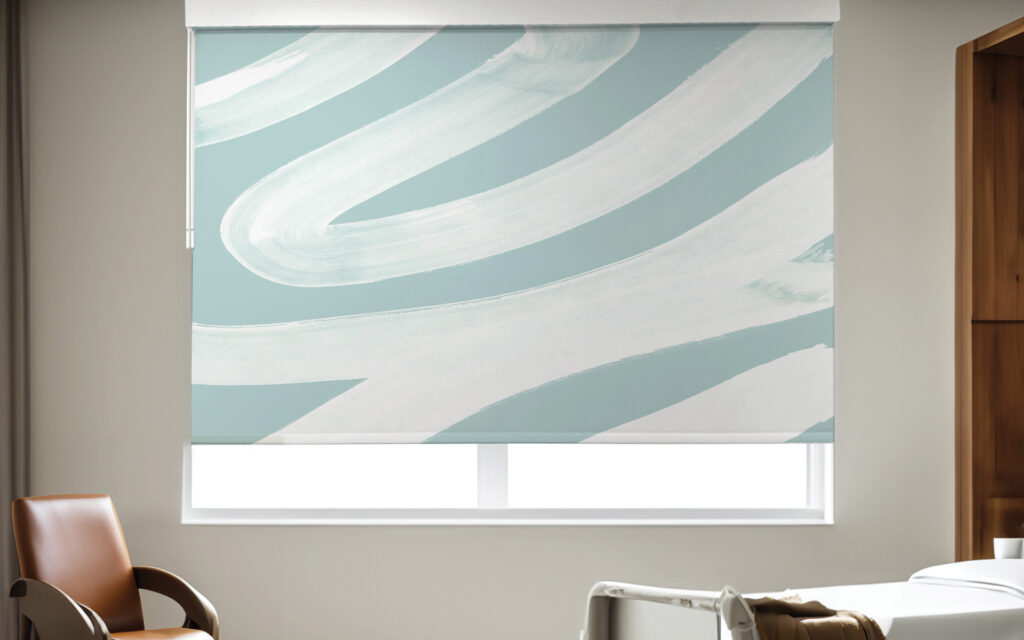 Newton Wand Chain-Free Solar Shade - a light-aqua window shade with white paths covering most of a window in a healthcare environment