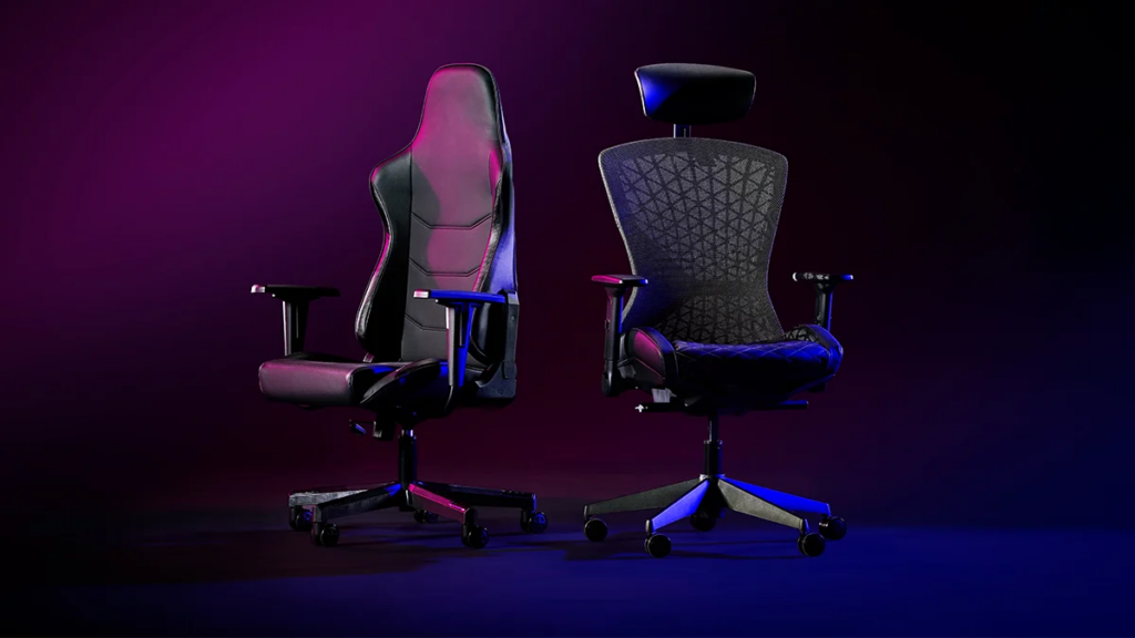 Nav & Cheevo esports chairs on a deep purple/blue background